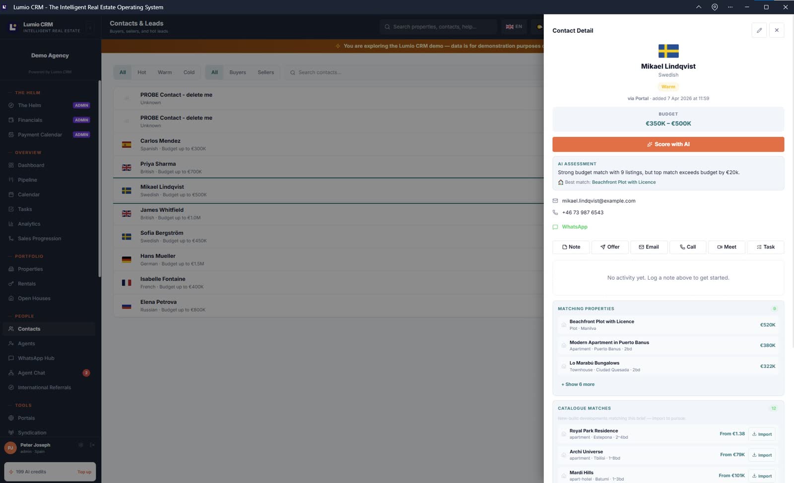 Contact card with AI assessment and matching properties